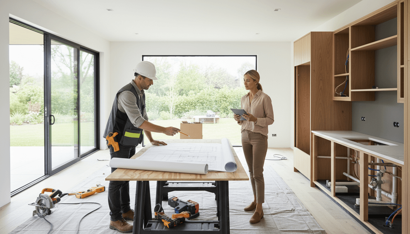 Contractor and homeowner reviewing plans during a kitchen remodel