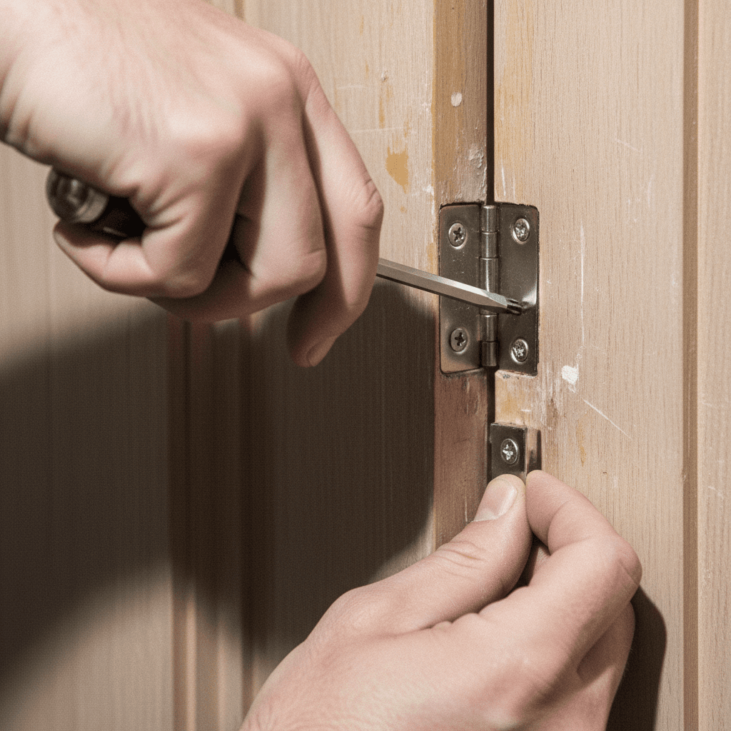 Contractor's hands tightening a door hinge with a screwdriver