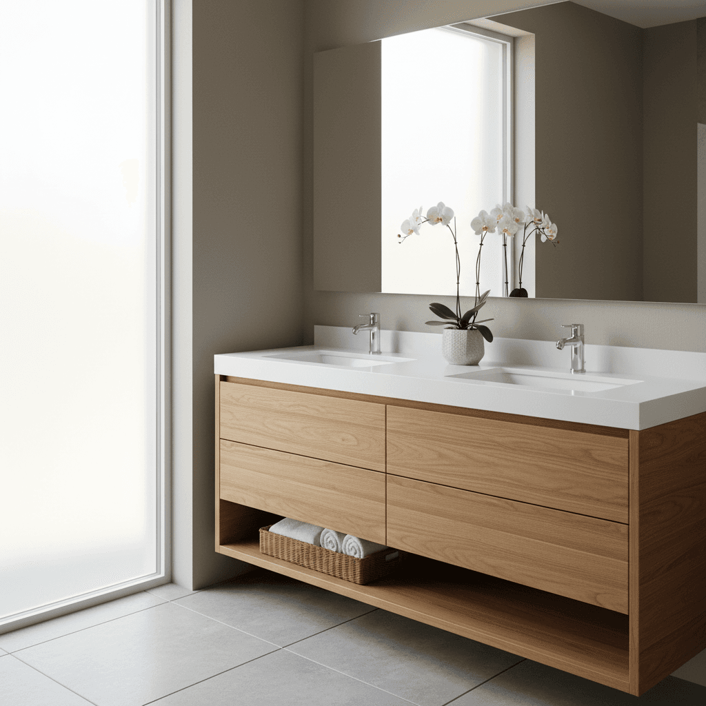 Double vanity with warm wood cabinetry