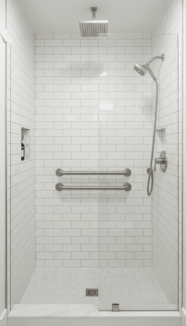 Tub converted to walk-in shower with subway tile and grab bars