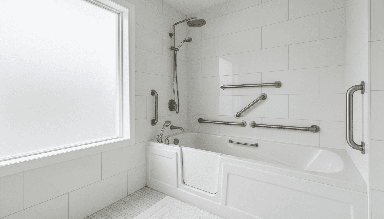 Bright white walk-in bathtub in renovated bathroom with safety grab bars and sleek tiles.