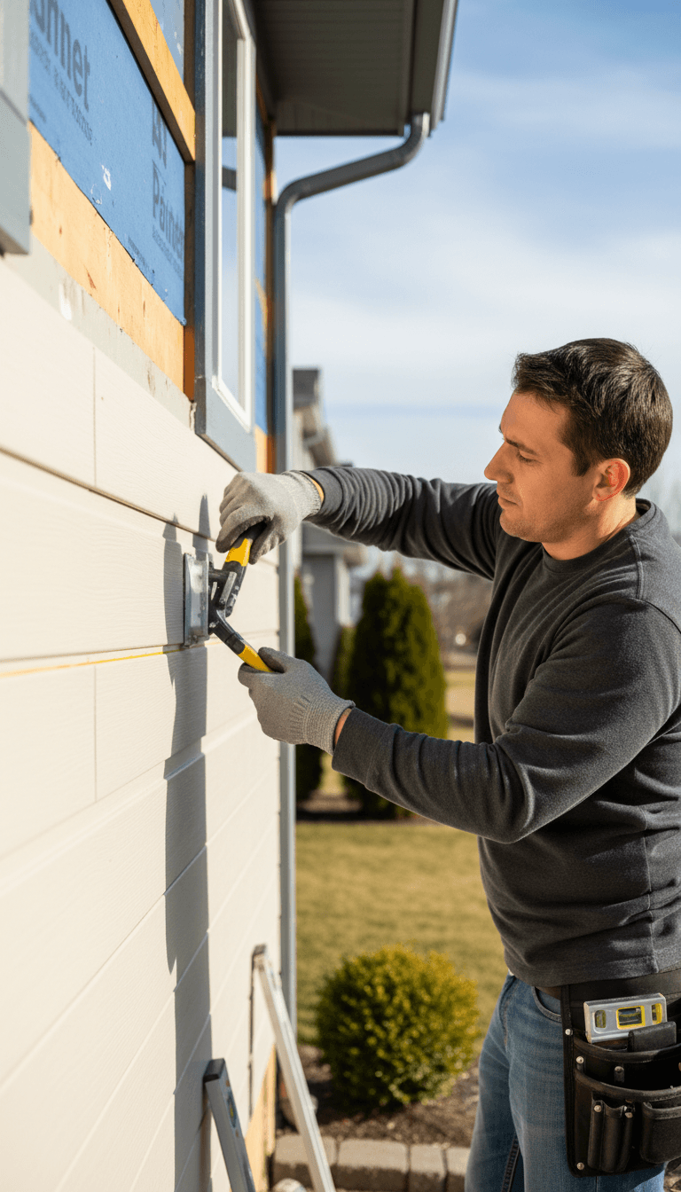 Contractor's hands installing exterior siding on a home