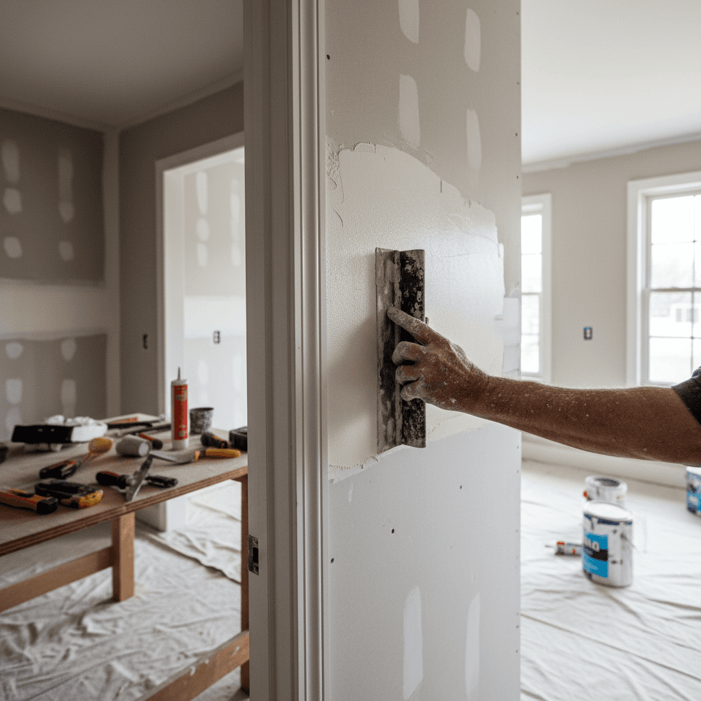 Contractor repairing drywall in a residential living room