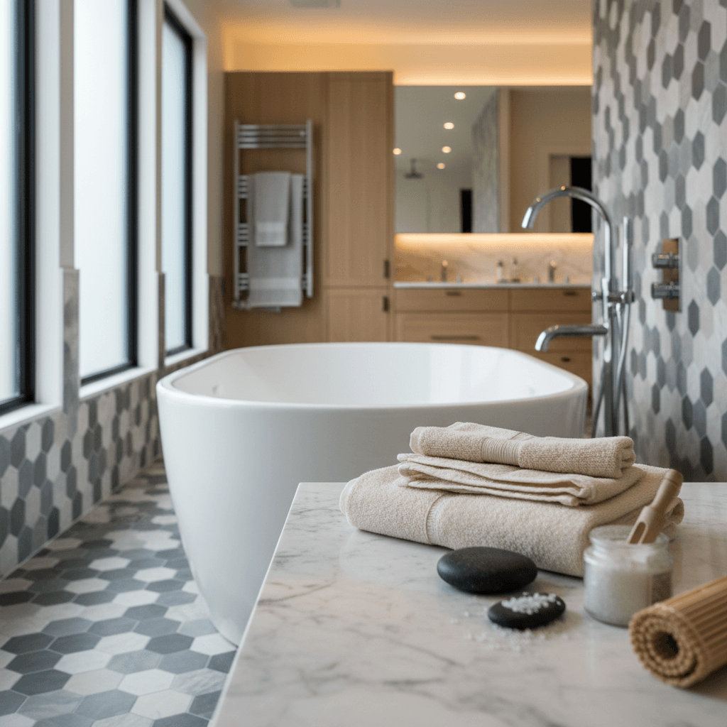 Renovated bathroom with freestanding tub and marble tile