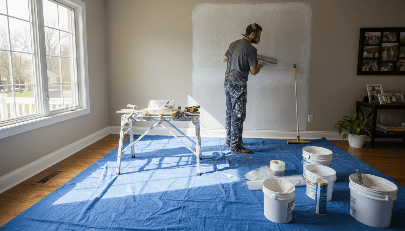 Contractor repairing a wall in a home