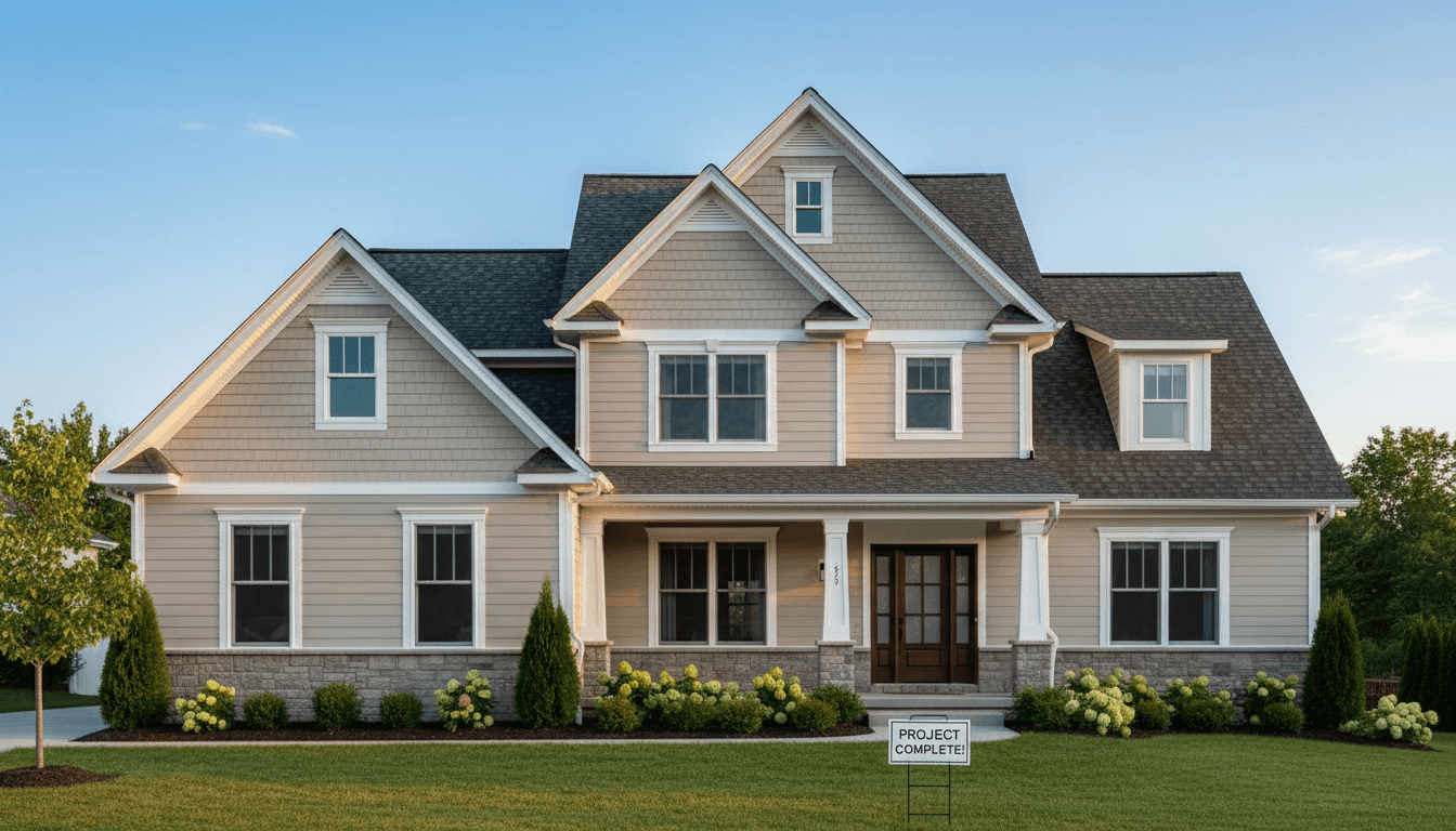 Home exterior with new siding, front door, and landscaping