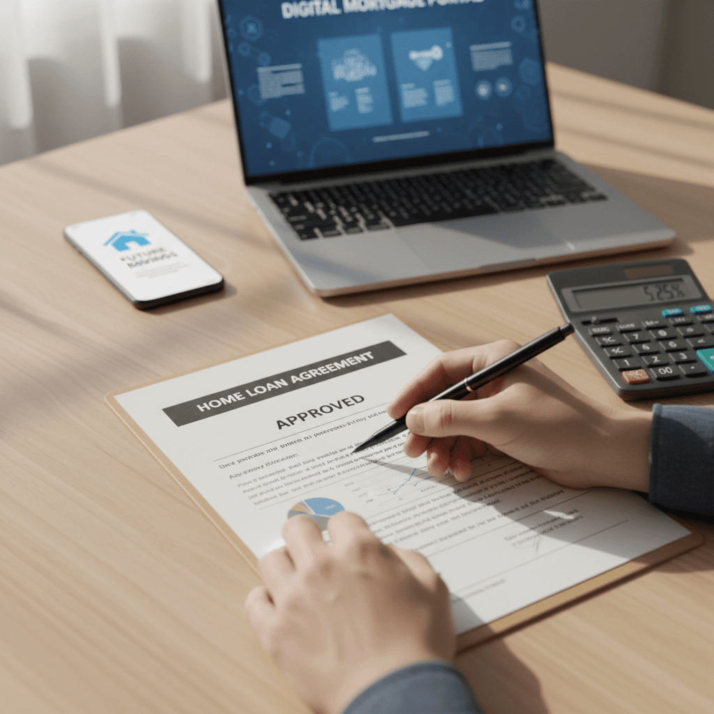 Homeowner reviewing financing documents on a tablet in a bright living room