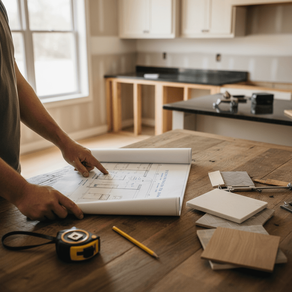 Contractor reviewing project plans with a homeowner in a kitchen being remodeled