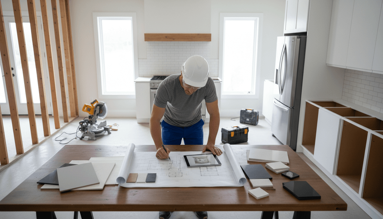 Contractor and homeowner discussing plans in a newly remodeled kitchen