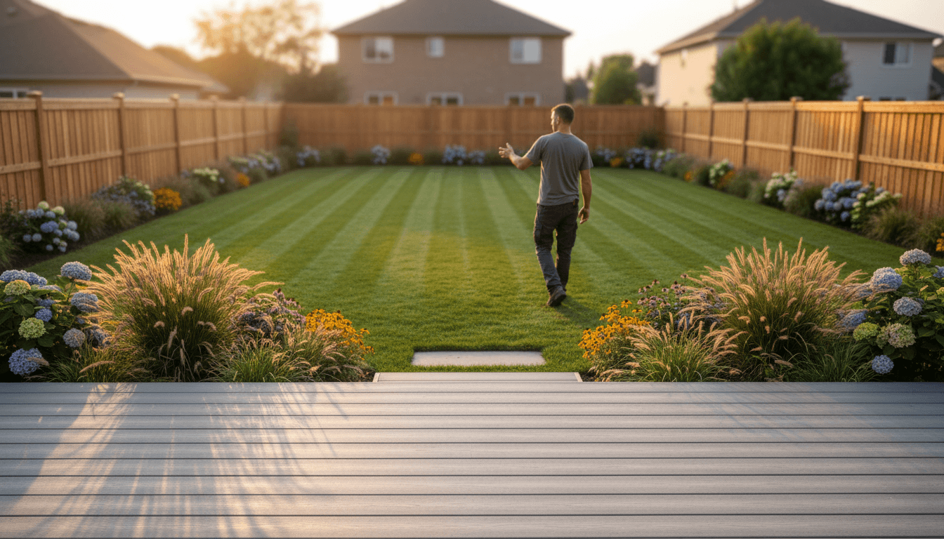 Backyard deck with fresh landscaping