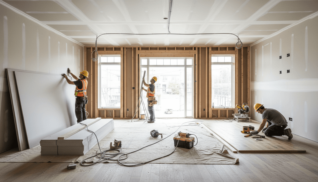 Contractor on phone with clipboard at a home improvement project site