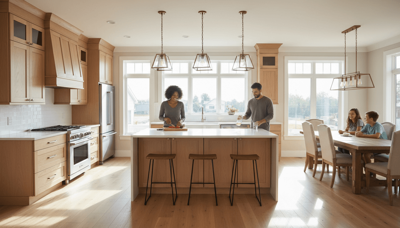 Open floor plan living room and kitchen after whole-home remodel