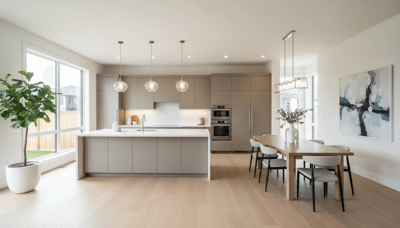 Modern kitchen remodel with warm natural lighting and elegant finishes
