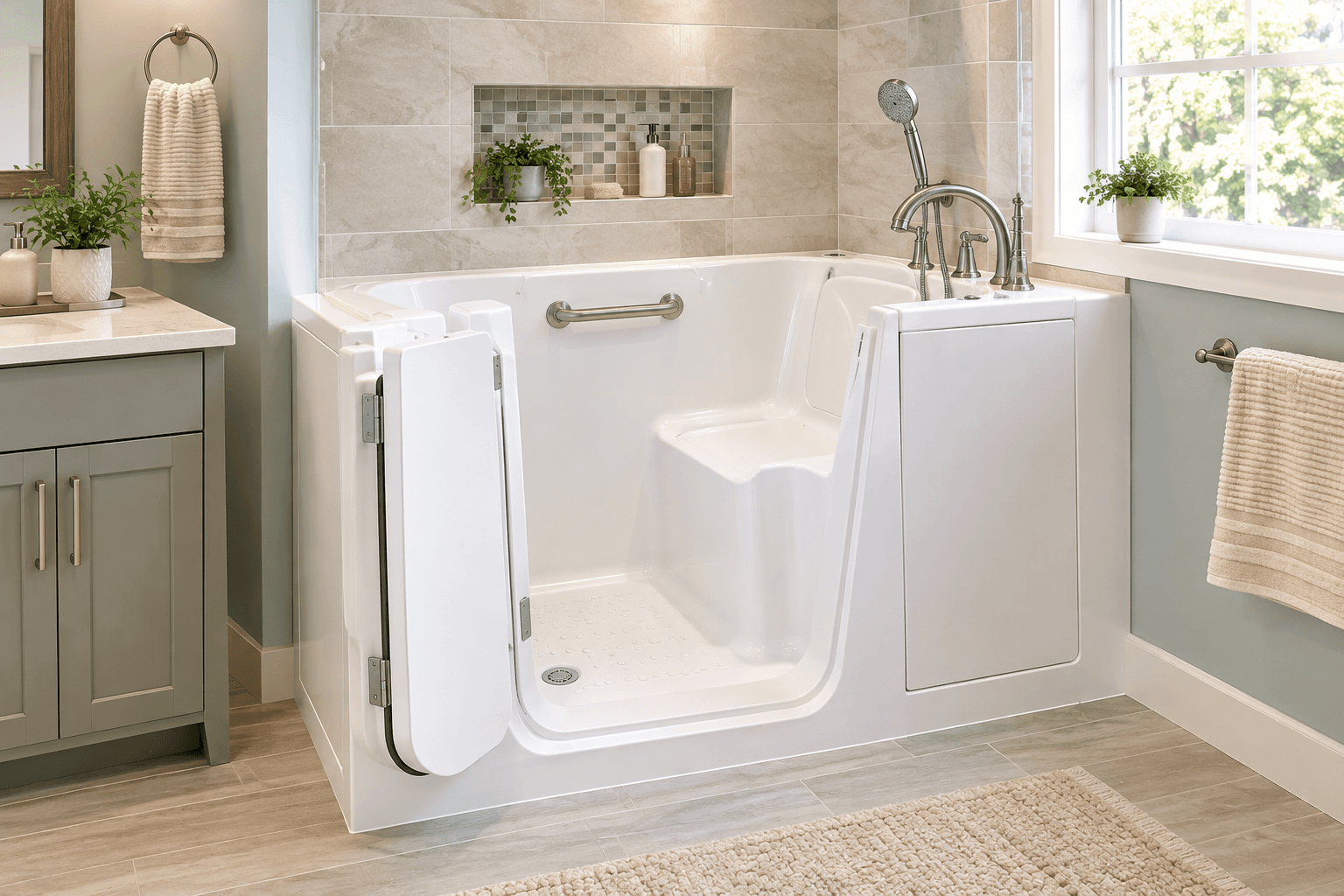 Modern white walk-in bathtub featuring an open door, built-in seat, and chrome safety grab bar.
