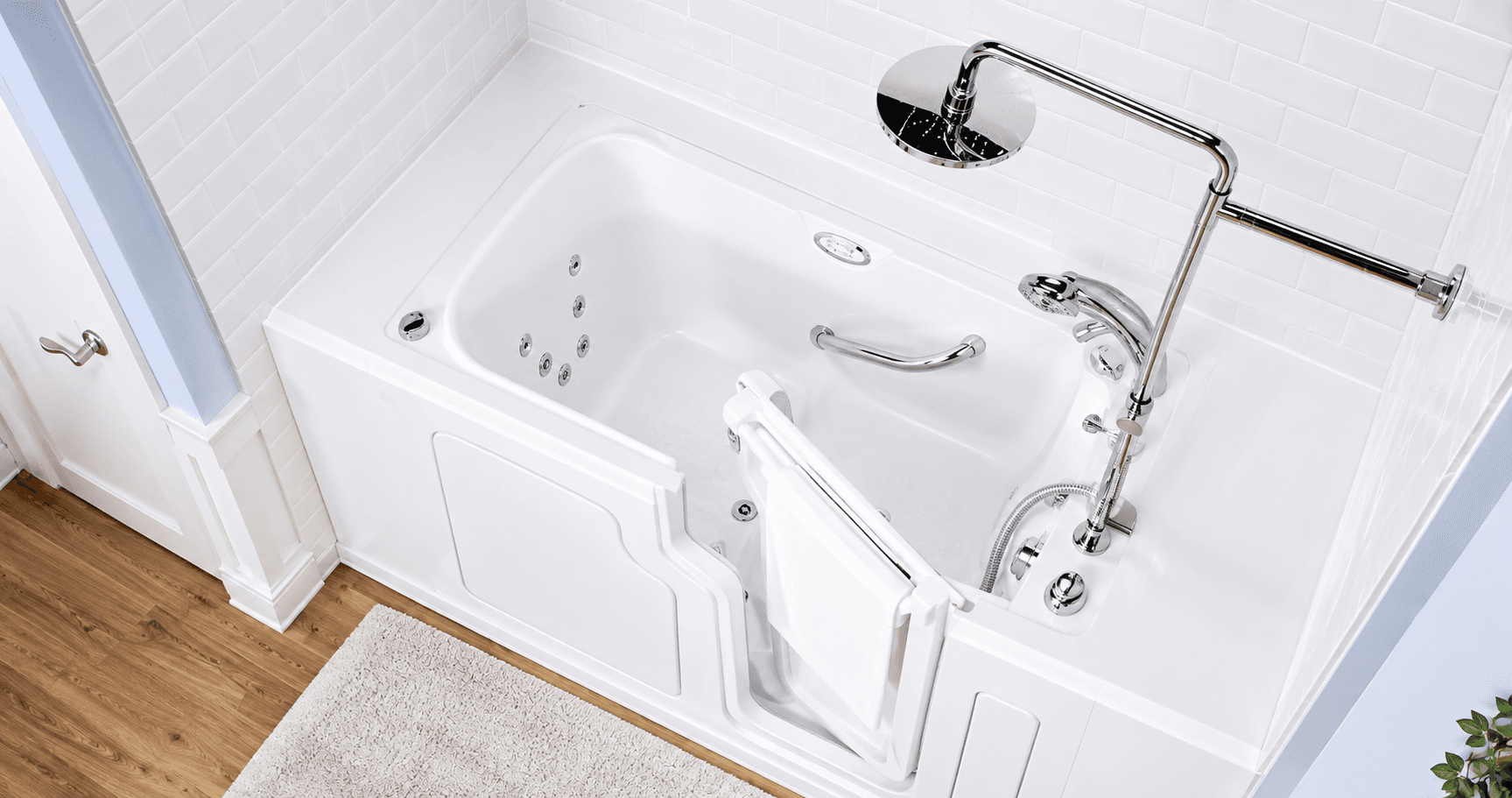 White walk-in bathtub featuring an open door, chrome fixtures, and a large overhead rain shower.