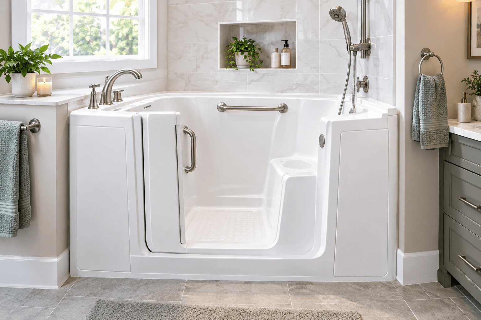 White walk-in bathtub with a side door, grab bars, and seat in a modern bathroom.