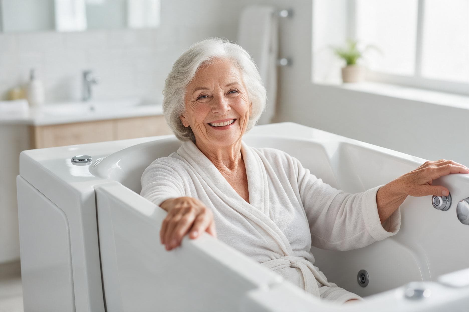 Smiling senior woman in a white bathrobe sitting inside a modern white walk-in bathtub.